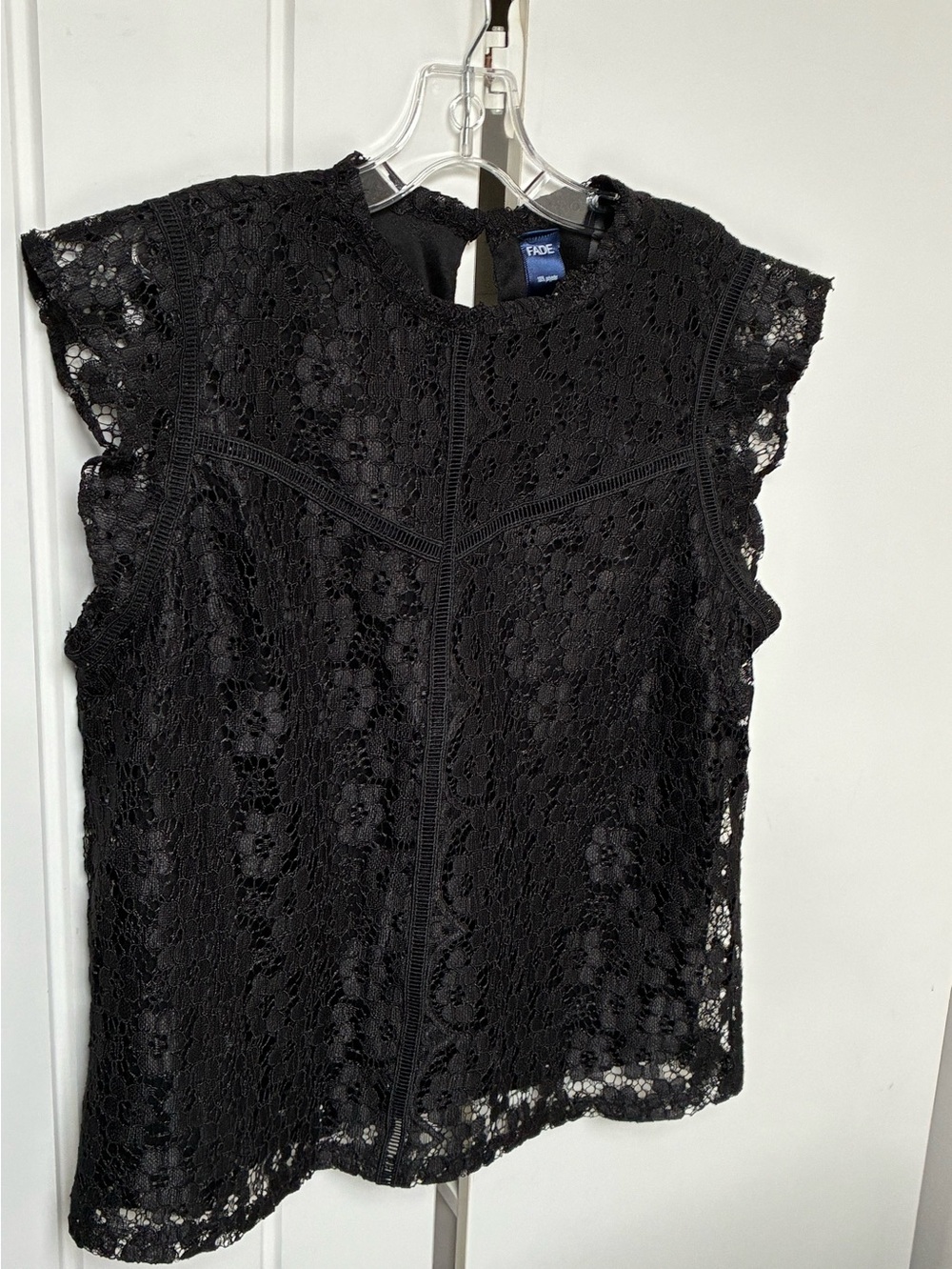Black Lace Floral Sleeveless Top Size S Romantic Goth Ruffle Shoulder Mock Neck